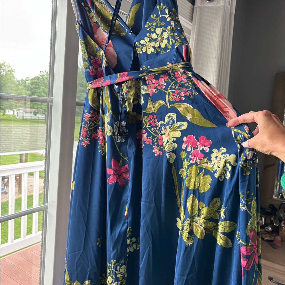 Lulu's Blue and Pink Wrap Maxi Dress with Slit - Picture 3 of 6